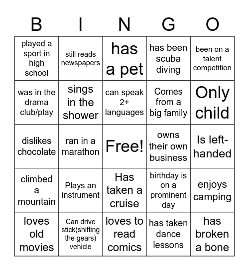 Let's Get to Know You 2 Bingo Card