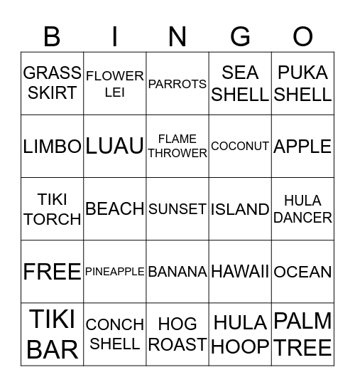 LUAU BINGO!!  Bingo Card