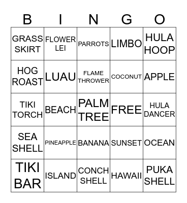 LUAU BINGO!!  Bingo Card