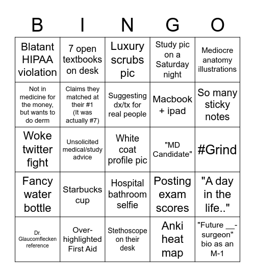 Med Student Social Media Bingo Card