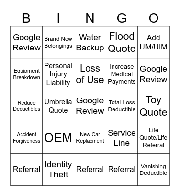 Spotts Insurance Group Bingo Card