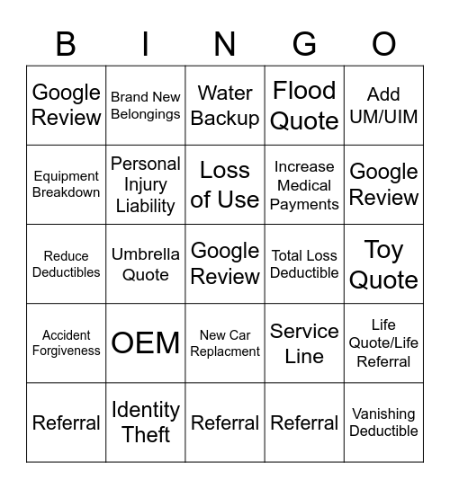 Spotts Insurance Group Bingo Card