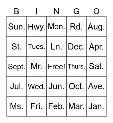 Abbreviations Bingo Card