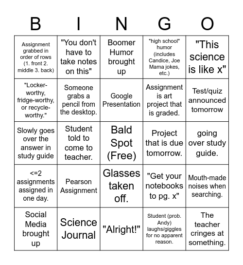 Mr. Pearson Class Bingo Card (lasts weekly) Bingo Card