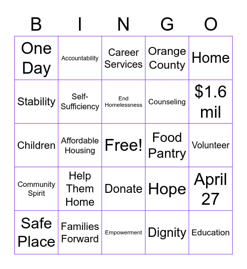 Giving Day Ambassador Bingo Card