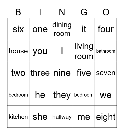 Pronouns   Numbers   Rooms Bingo Card