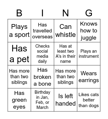 Personality Bingo Card
