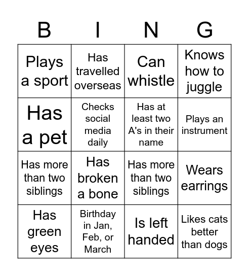 Personality Bingo Card