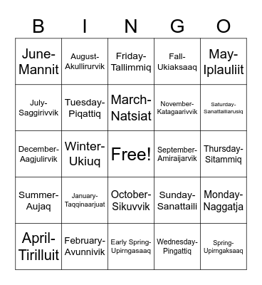 Learn Inuktitut Bingo! Bingo Card