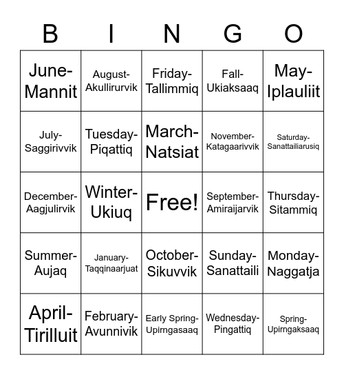 Learn Inuktitut Bingo! Bingo Card