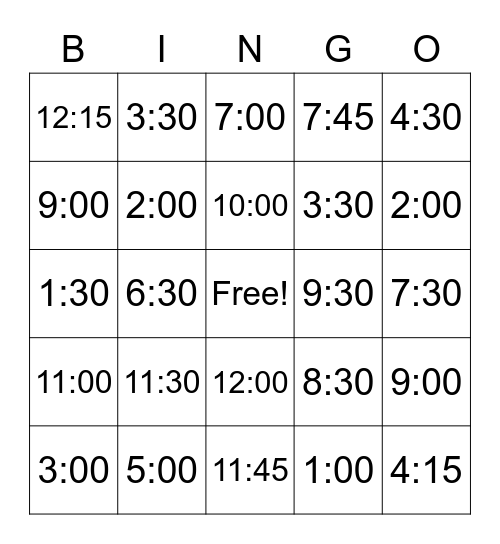 Telling Time Bingo Card
