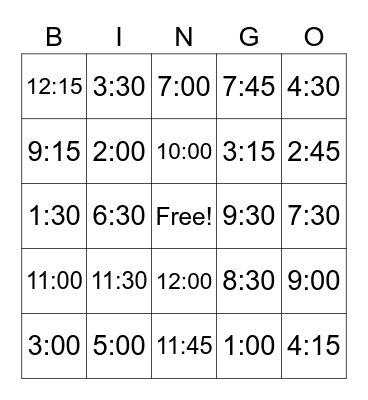 Telling Time Bingo Card