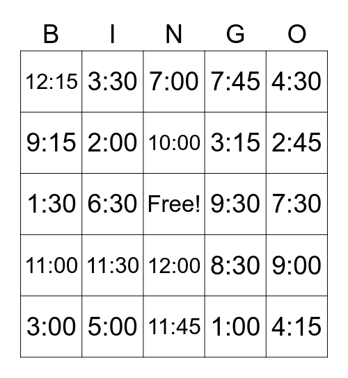 Telling Time Bingo Card