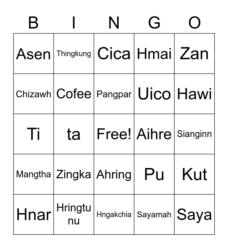 Easy Chin Bingo Card