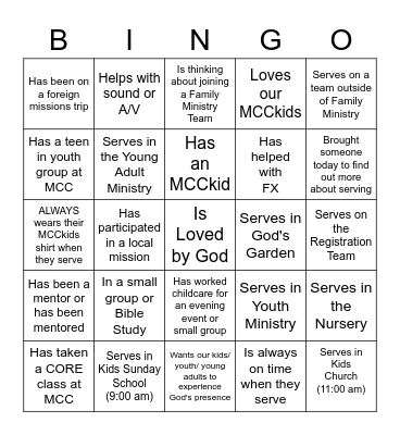 MCC Family Ministry Bingo Card