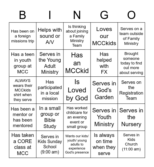 MCC Family Ministry Bingo Card