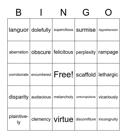 Vocabulary Bingo Card