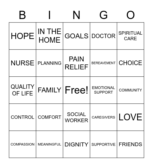 Finding HOPE with Hospice Care Bingo Card