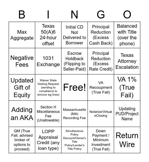 Closer Bingo Card