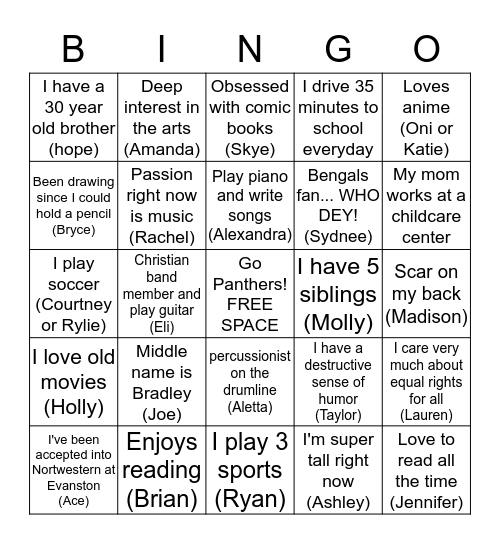 1st Period Honors 9 Bingo Card