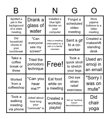 Work from Home Bingo Card