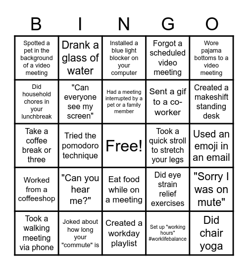 Work from Home Bingo Card