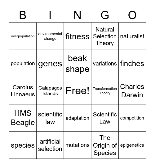 Natural Selection and Evolution Bingo (4.1 and 4.2) Bingo Card