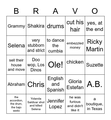 Selena Bingo Card