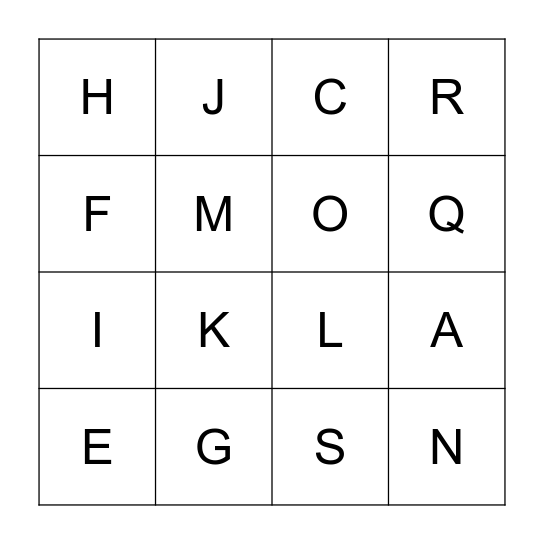 UPPER CASE ALPHABET BINGO (a-t) Bingo Card
