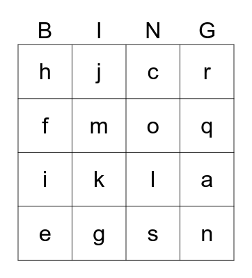 lowercase alphabet bingo (a-t) Bingo Card