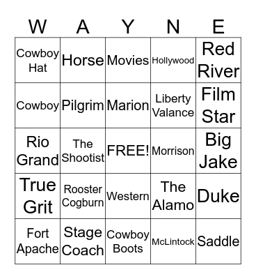 John Wayne Bingo Card