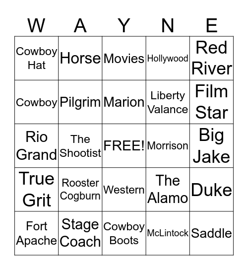 John Wayne Bingo Card