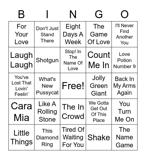 60's Hits CJ's Bingo Card