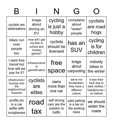 Car Hugger Bingo Card
