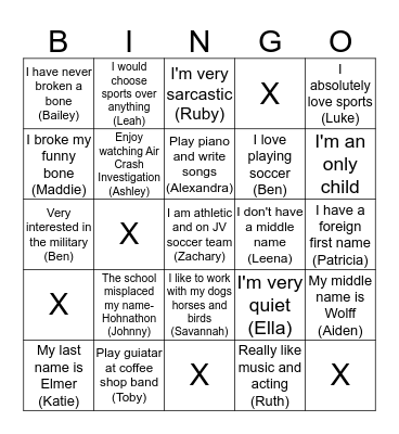2nd Period Honors 9 Bingo Card