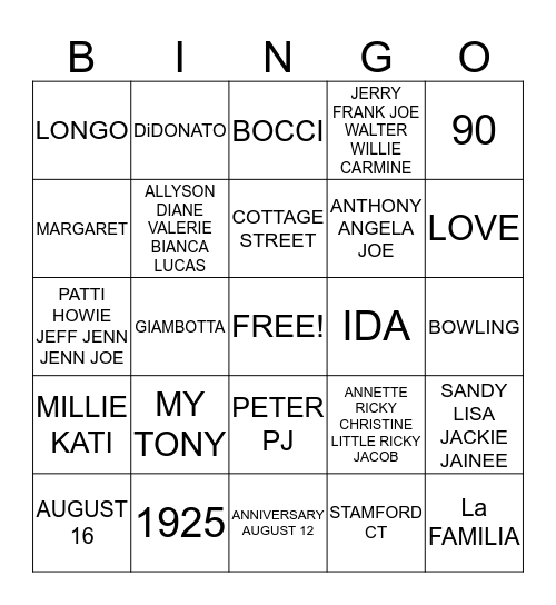 MARGIE'S 90th BIRTHDAY Bingo Card