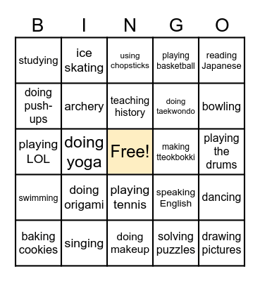 Our Abilities Bingo Card