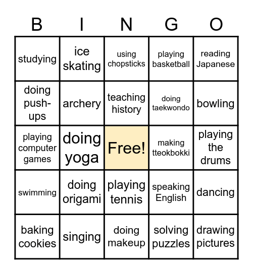 Our Abilities Bingo Card