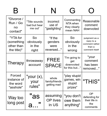 AITA Bingo Card