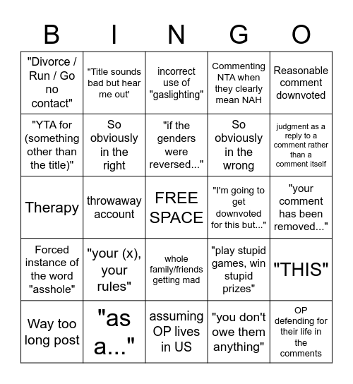 AITA Bingo Card