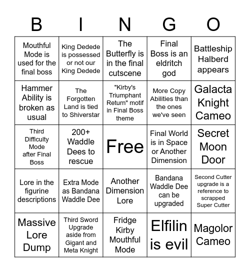 Kirby and the Forgotten Land Bingo Card