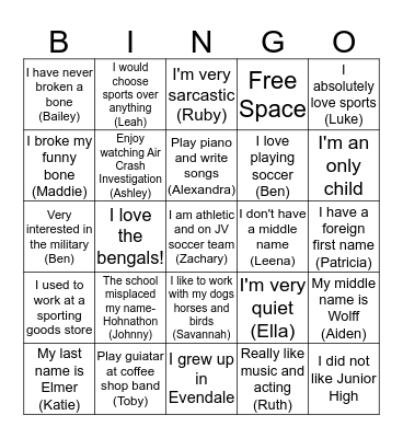 2nd Period Honors 9 Bingo Card