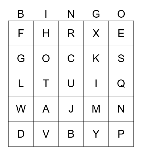 No Z Alphabet Bingo Card