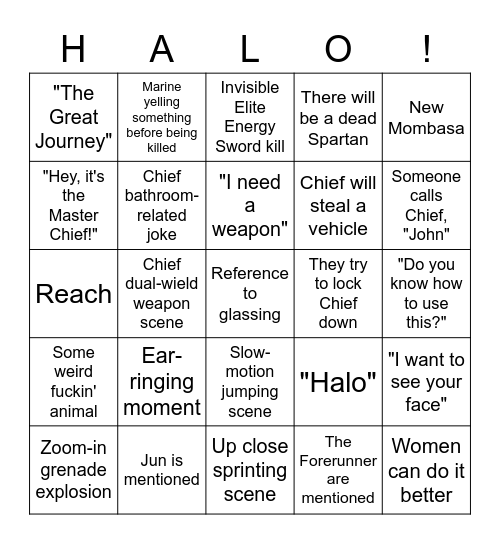 The Halo Show Bingo Card Bingo Card