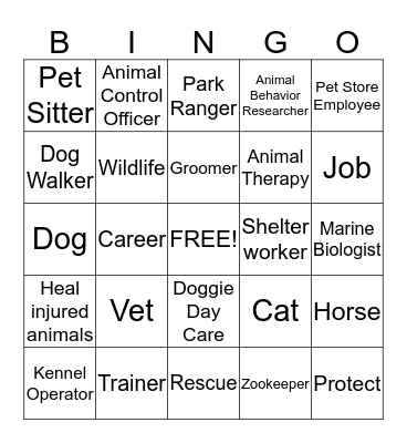 Animal Career Bingo Card