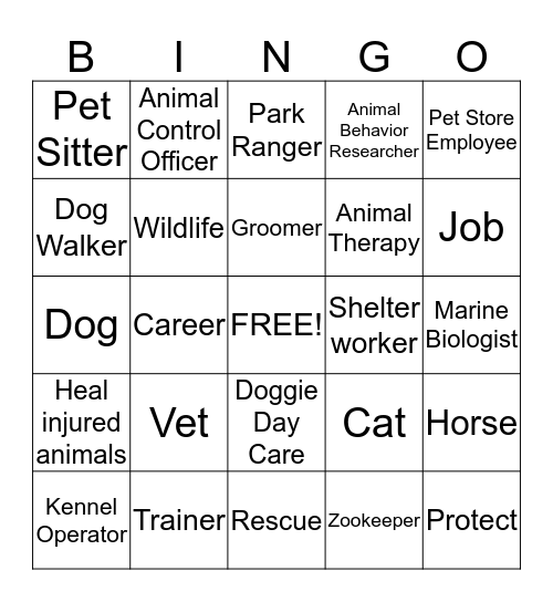 Animal Career Bingo Card
