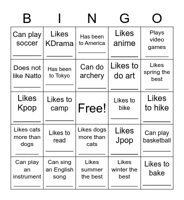 Classmate Bingo Card