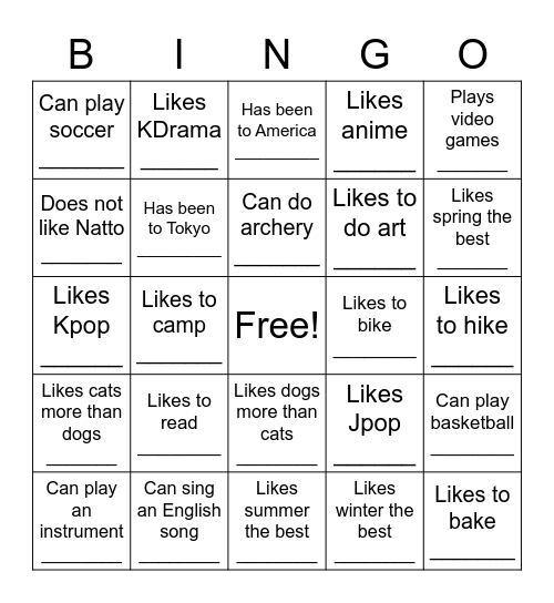 Classmate Bingo Card