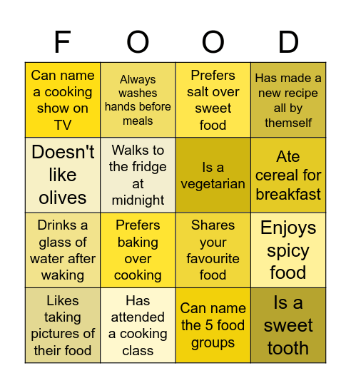 Food & Cooking Preferences Bingo Card