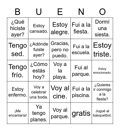 Spanish 1 U5 Test Bingo Card